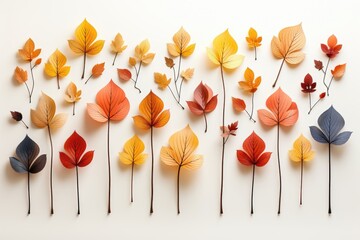 Wall Mural - a captivating abstract composition with autumn leaves arranged flat on a crisp white background, cre