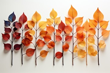 Wall Mural - a visually engaging abstract composition with autumn leaves arranged flat against a clean white back