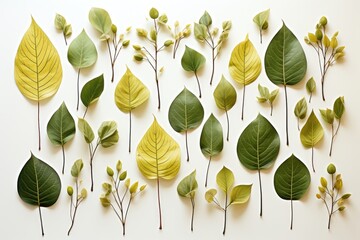 Wall Mural - a visually soothing abstract background image with green leaves laid flat on a crisp white backdrop.