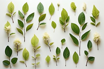 Wall Mural - a calming abstract background image featuring gracefully arranged green leaves laid flat on a clean 