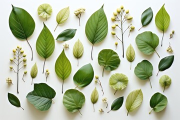 Wall Mural - a refreshing abstract background image with fresh green leaves thoughtfully arranged and laid flat a