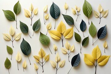 Wall Mural - a white background frames an abstract composition, with a collection of leaves meticulously arranged