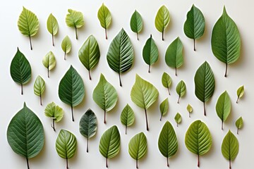 Wall Mural - a visually pleasing abstract background is formed by a flat-laid collection of vibrant green leaves 