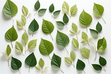 Wall Mural - a visually soothing abstract background is formed by flat-laid young green leaves against a crisp wh