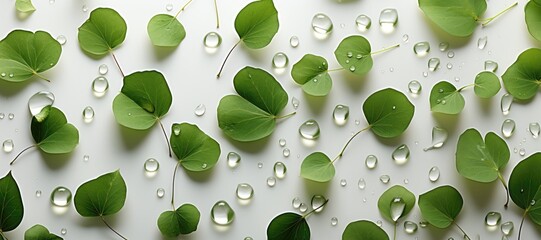 Wall Mural - in a wide-format close-up, an abstract background is composed of green leaves with dewdrops, creatin