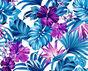 Wall Mural - seamless pattern Exotic   wallpaper of tropical flowers  green leaves of palm trees and flowers bird of paradise, hibiscus, artwork for fabrics, souvenirs, packaging, greeting cards 