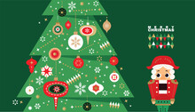 Merry Christmas And Happy New Year 2024  Holiday Template Design Banner,  Christmas Tree, Nutcracker, Santa Claus, Gifts,  Ball Toy, Snowflake   Modern Xmas Flat Cartoon Cute Vector Illustration