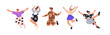 © Good Studio - Characters jumping up, set. Happy young people celebrating success, triumph. Active joyful women, men flying with positive energy. Flat graphic vector illustrations isolated on white background