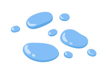 Water Drops Set. Clean Fresh Liquid Droplets. Pure Aqua Blobs, Bubbles. Clear Wet Fluid Elements. Blue Dewdrops, Moisture. Flat Vector Illustration Isolated On White Background