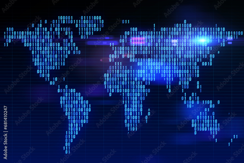 Abstract glowing digital pixel squares map of the world with spotlights ...