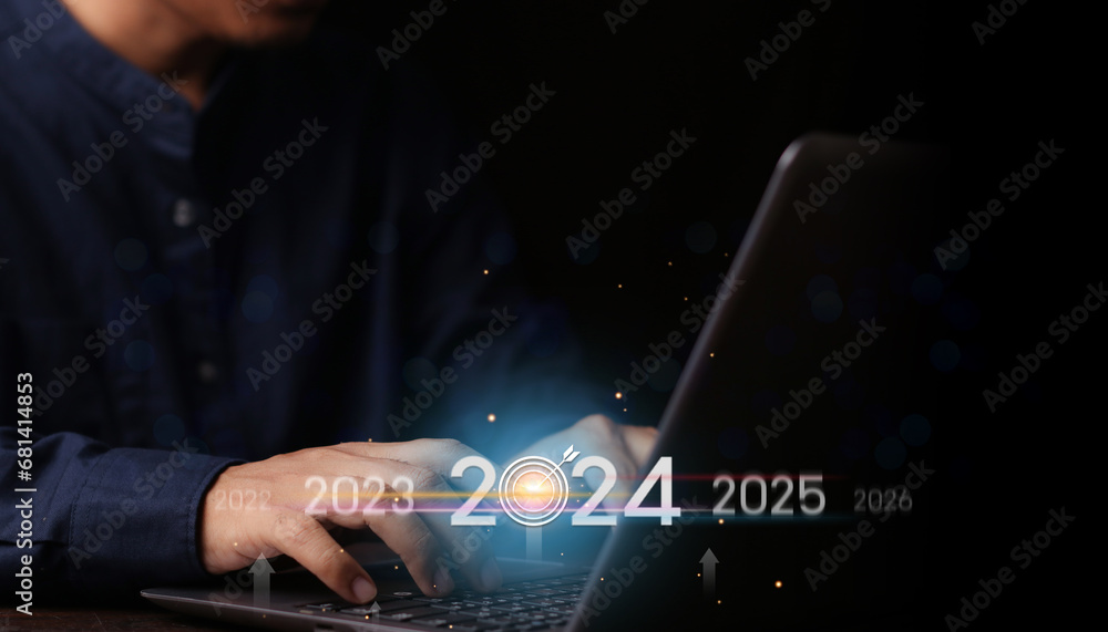 Countdown to 2024 concept. the taps a virtual download bar with a ...
