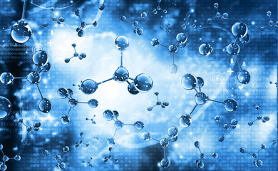 Sticker - Abstract molecules on blue color background. 3d illustration.