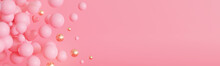 Pink Background With Bubbles, Hearts And Copy Space. It's A Girl Banner With Empty Space. Baby Shower Or Birthday Invitation. Baby Girl Birth Announcement. Valentine's Day, Mother's, Women's Day. 3D.