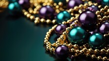 Banner With Gold, Purple And Green Mardi Gras Beads And Place For Text