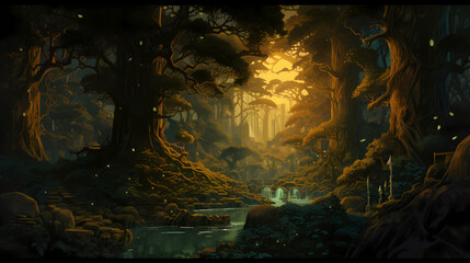 Wall Mural - Fantasy beautiful landscape with mystic fairy tale forest.