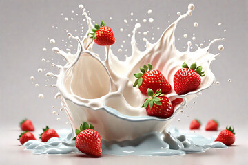 Wall Mural - Milk splash with fresh strawberries on light gray background, closeup