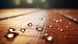 close-up portrait of water drops on wooden table, AI generated, background image