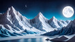  Rocky mountain range covered by snow in winter with glacier at night in paper cut style as a snowy nature landscape background.