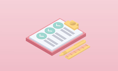 Wall Mural - 3d minimal paper clipboard task management todo checklist with pencil, fast work on project plan, fast progress, level up concept, 3d pen note, exam paper checklist icon.on pastel pink background.