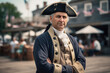 Portrait of a man dressed like George Washington the first US president with American town in background