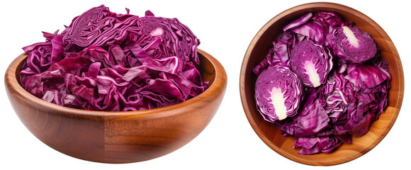 Wall Mural - red cabbage in a bowl isolated on a transparent background, side and top view, vegetable bundle