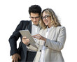 © muse studio - People colleagues a woman and a man use a tablet employees in the office in office clothes. Transparent background.