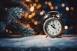 Christmas or New Year background with Golden alarm clock in snowdrifts on blue background with holiday lights counting last moments before Christmass Countdown to midnight.