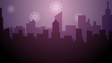 Wall Mural - New year cityscape vector illustration. Scenery of city with sparkling fireworks in new year event. New year panorama at city for illustration, background or wallpaper