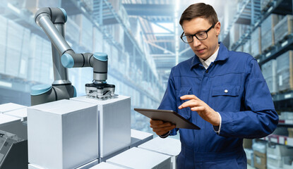 Poster - Warehouse manager with digital tablet controls robot.