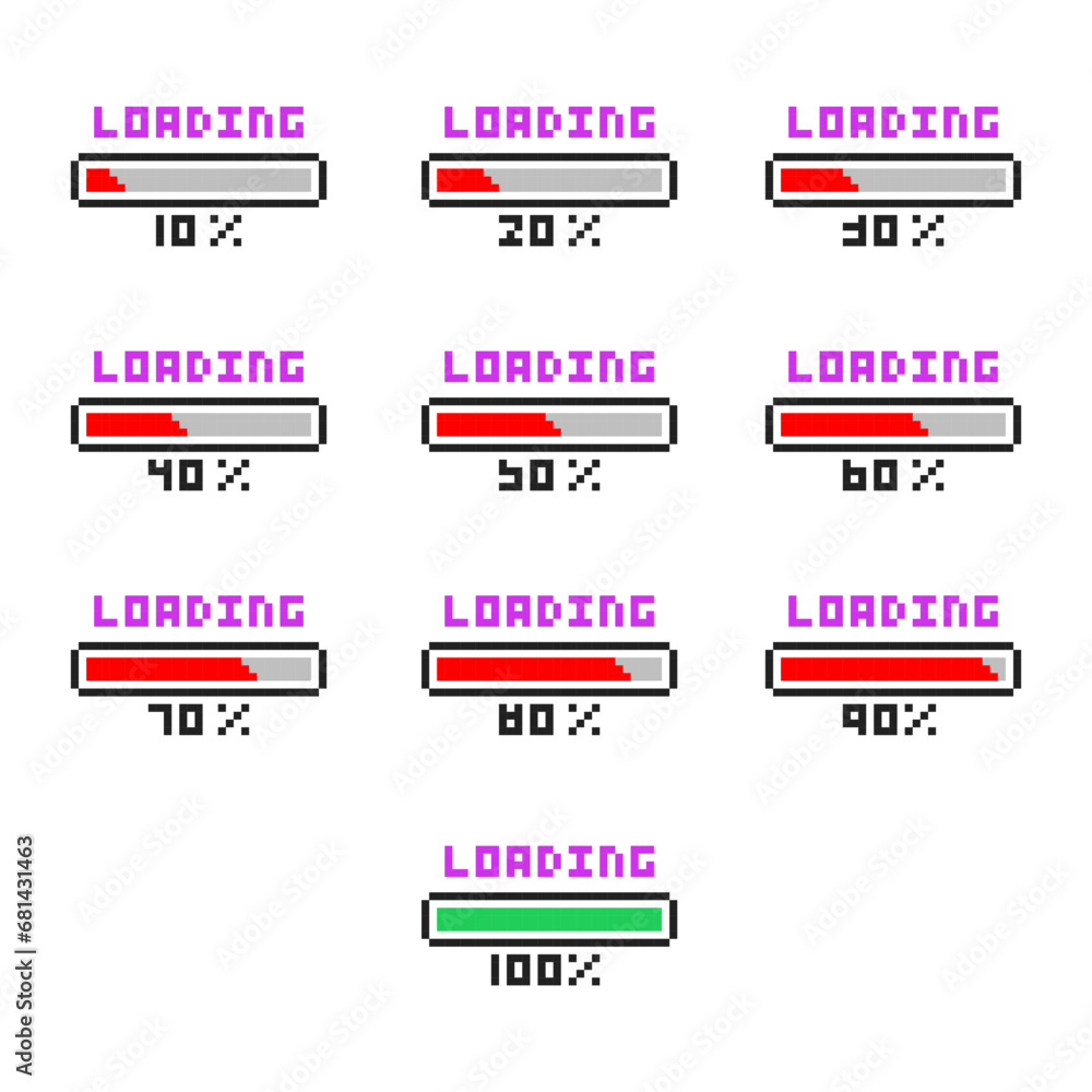 Pixel art 8-bit loading bar set. Pixel loading bars with different ...
