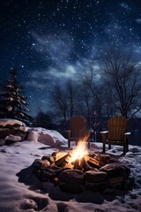 Wall Mural - Crackling fire pit on a snowy night under clear starlit sky  AI generated illustration