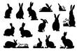 Easter bunny silhouettes isolated on white background. Set different silhouettes bunnies for use in design. Vector illustration of animals