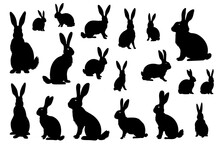 Easter Bunny Silhouettes Isolated On White Background. Rabbit And Hare Collection Vector Illustration Of Animals