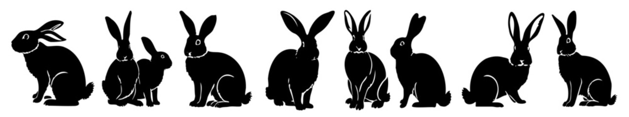 Wall Mural - Easter bunny silhouettes isolated on white background. Rabbit and Hare collection vector illustration of animals