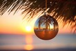 Christmas Ball hanging on a Palm Tree Branch. AI Generated