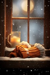 Wall Mural - warm pair of mittens resting on a wooden table near a window showing falling snow  AI generated illustration