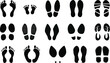 Footprints human silhouette, vector set. Shoe soles print. Foot print tread, boots, sneakers. Impression icon barefoot. Different human footprints icon. Vector,