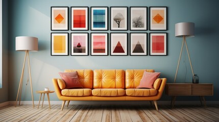 Wall Mural - Interior of modern living room with yellow sofa, coffee table and picture frames. Elegant Luxury Interior of Living Room of a Rich House.