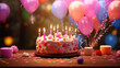 colourful balloons background and birthday cake with candles valentine's day