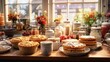A wooden table topped with lots of pies and muffins