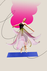 Poster - Vertical collage image of gracious ballerina girl dancing big lily flower instead skirt isolated on painted background