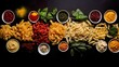 colorful pasta selection with fresh herbs and gourmet sauces