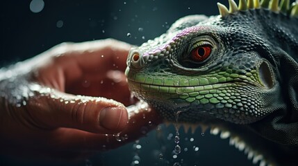 Wall Mural - A lizard is being held by someone's hand, AI