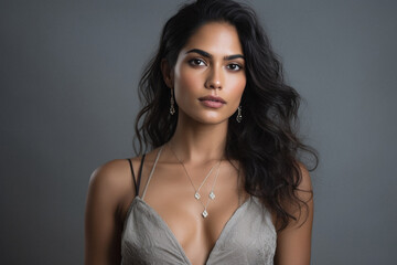 Beautiful young brunette woman in a gray dress on a gray background.