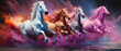 Four horses galloping in a fantastic fantasy landscape. Abstract art watercolor background
