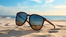 A Pair Of Sunglasses Sitting On Top Of A Sandy Beach.