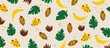 Leopard head pattern with tropical leaves, bananas and cocoa. Vector seamless texture design
