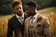 Multinational gay grooms on their wedding day against the background of nature