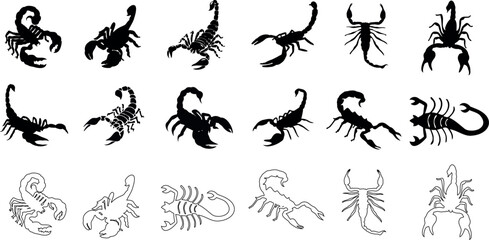 Wall Mural - Scorpion vector illustration set - diverse, striking black and white scorpion icons, ideal for tattoos, logos