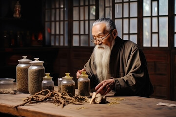 Elderly Asian herbalist examines ginseng roots in traditional apothecary. Prepares a healing tincture